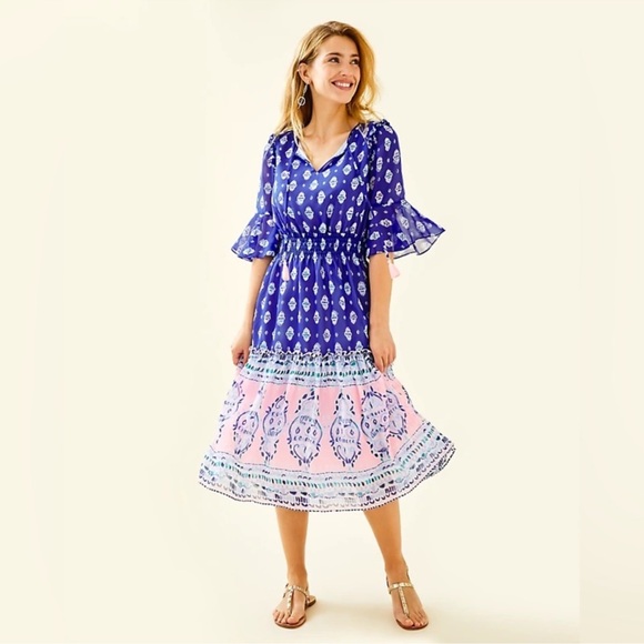 Lilly Pulitzer Lesleh Midi Dress In Lapis Lazuli  Glow Up Engineered Dress Sz 8 - Picture 1 of 16